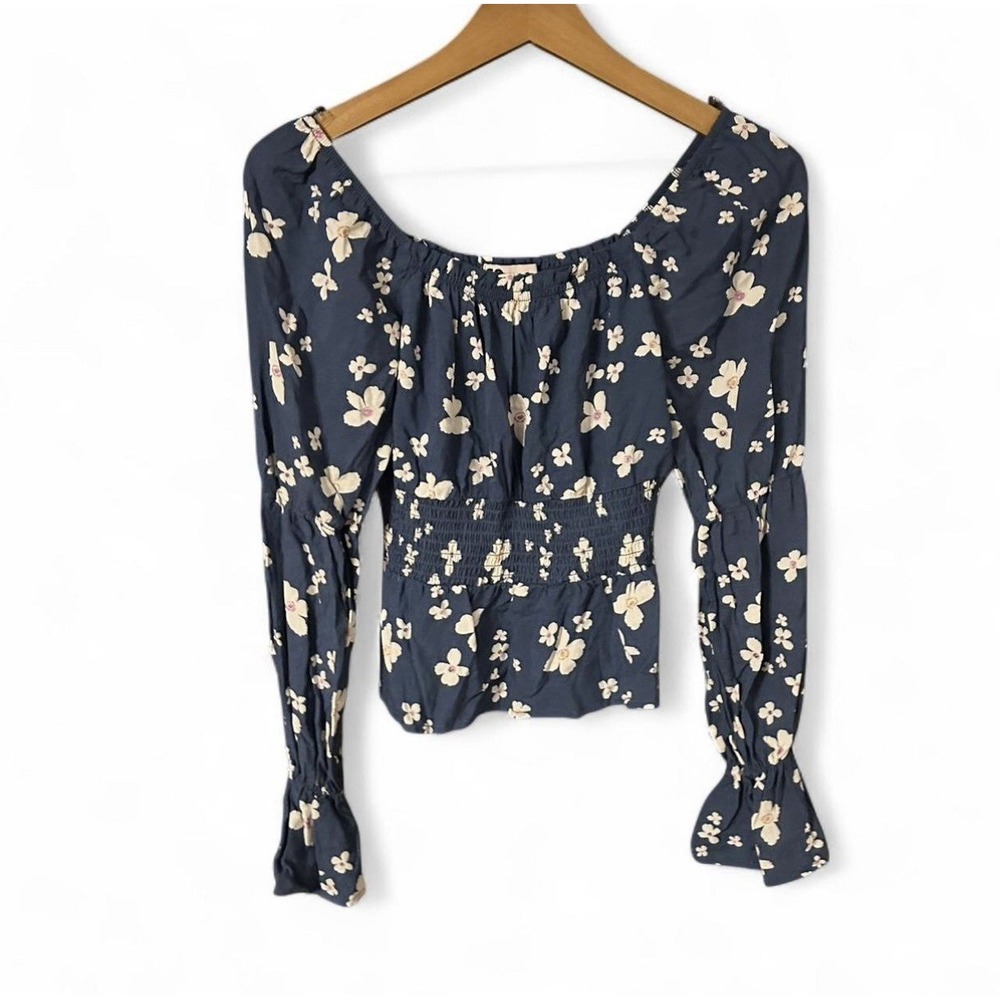 Sonoma Blue White Floral Off the Shoulder Blouse Size S Long Sleeve Ruffle Top